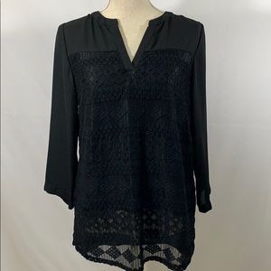 Investments split neck black lace tunic top